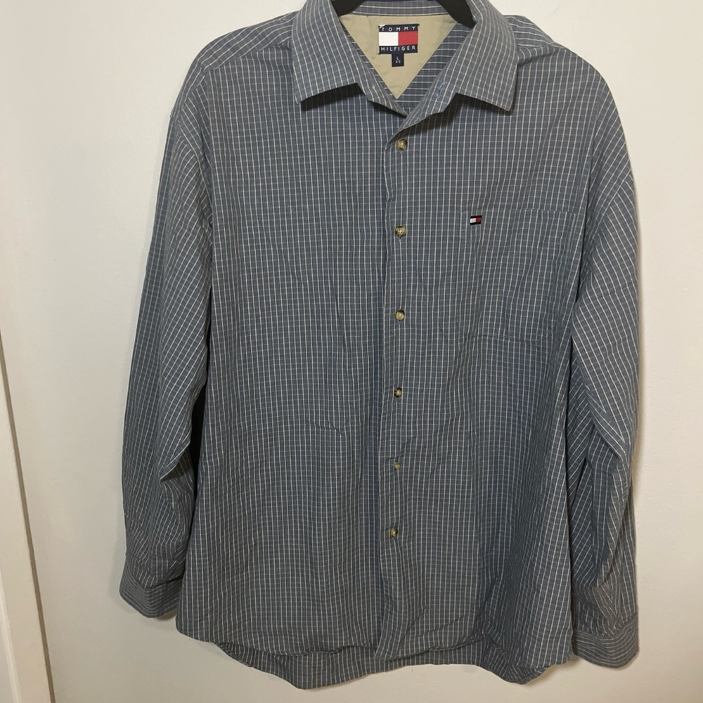 Vintage Blue/Khaki Plaid Tommy Hilfiger Button‎ Down Shirt Size Large